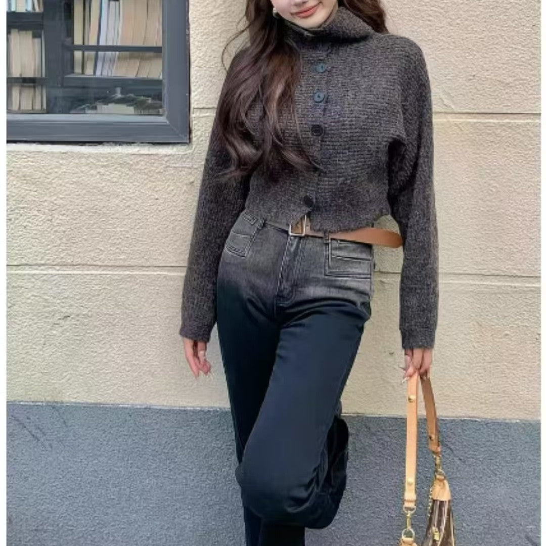 Loose Fit High Neck Long Sleeve Knit Cardigan Sweater