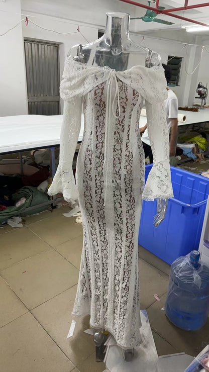 Elegant One-Shoulder Trumpet Sleeve Long Dress