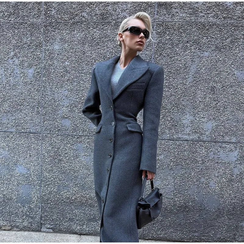 Women's Elegant Lapel Long Woolen Coat