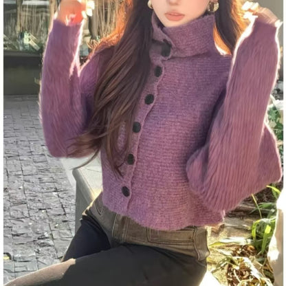 Loose Fit High Neck Long Sleeve Knit Cardigan Sweater