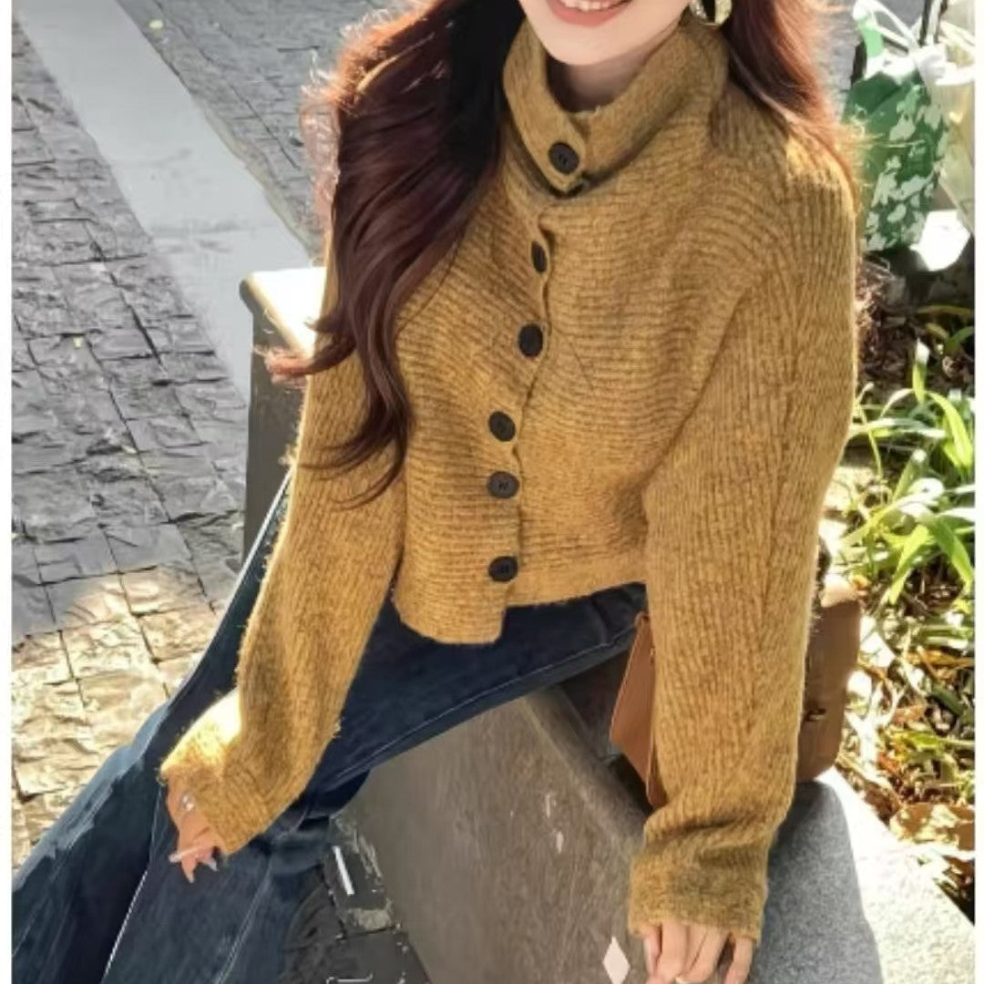 Loose Fit High Neck Long Sleeve Knit Cardigan Sweater