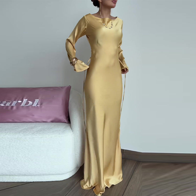 Women's Elegant Round Neck Long Sleeve Waist-Tied Dress