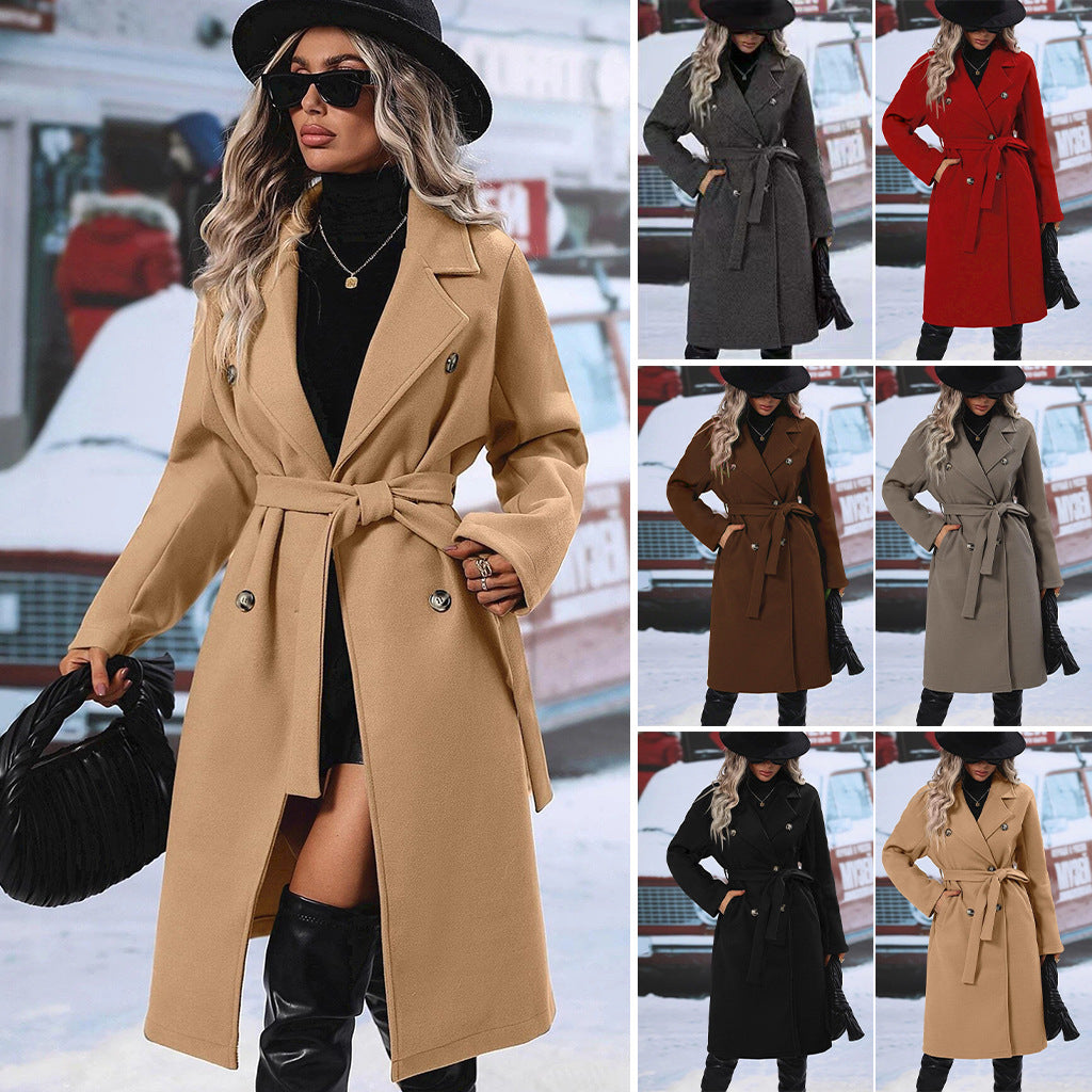Women's Woolen Double-Breasted Long Coat