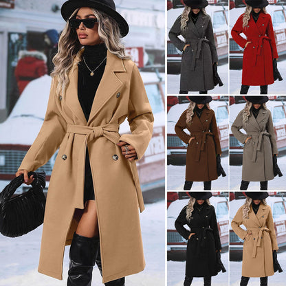 Women's Woolen Double-Breasted Long Coat