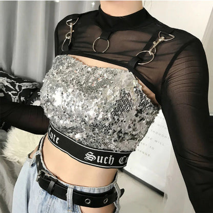 Mesh See-Through Long-Sleeve Slim Fit Top