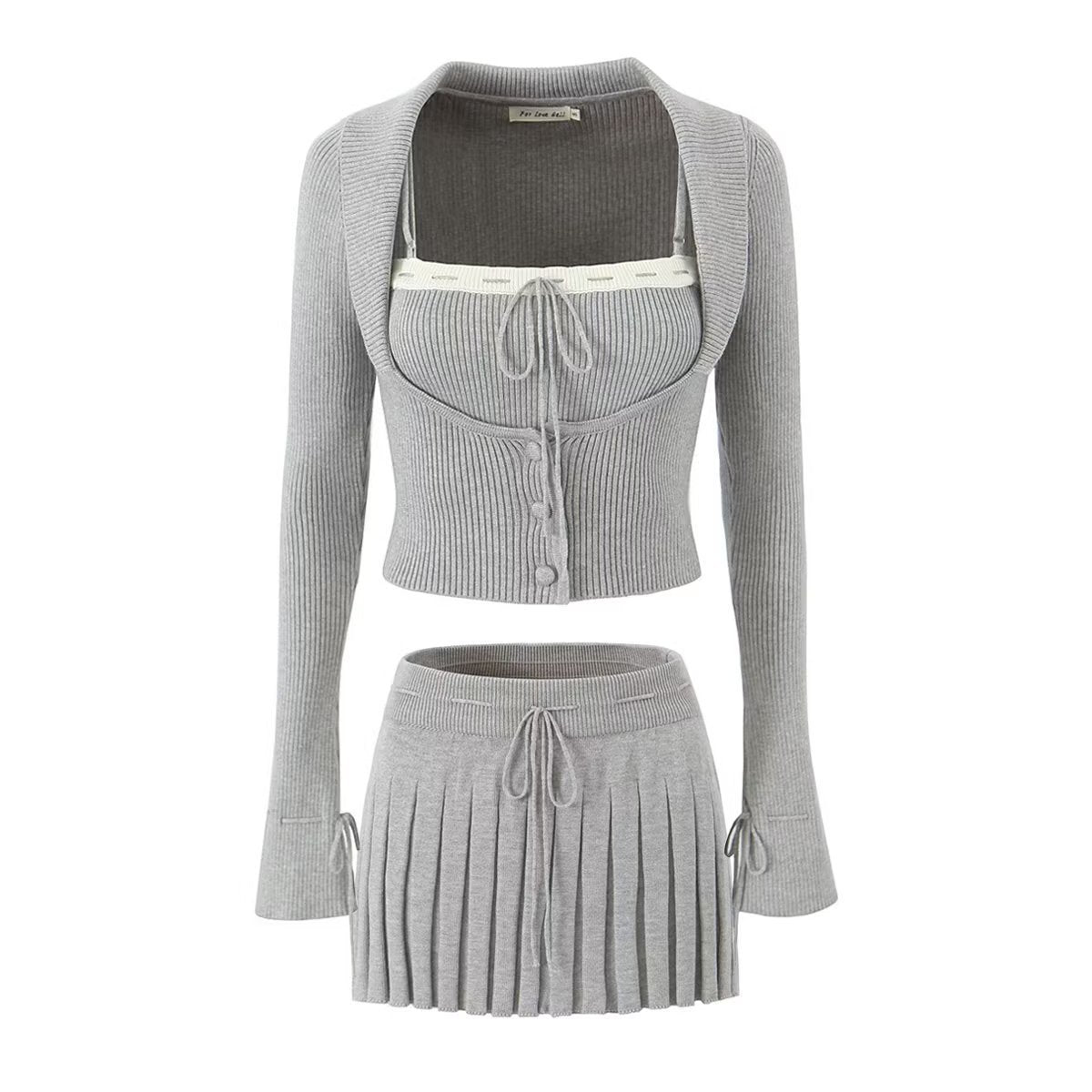 Women's Knit Camisole Long-Sleeve Top and Pleated Skirt Set