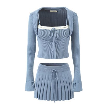 Women's Knit Camisole Long-Sleeve Top and Pleated Skirt Set
