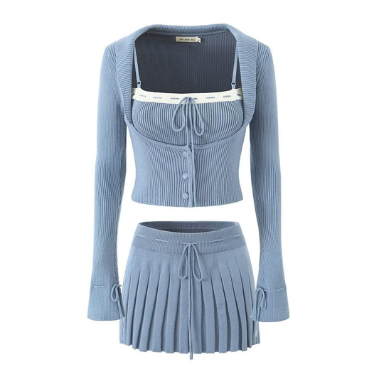 Women's Knit Camisole Long-Sleeve Top and Pleated Skirt Set