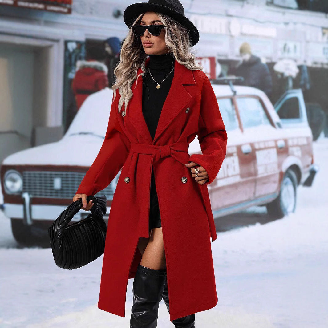 Women's Woolen Double-Breasted Long Coat