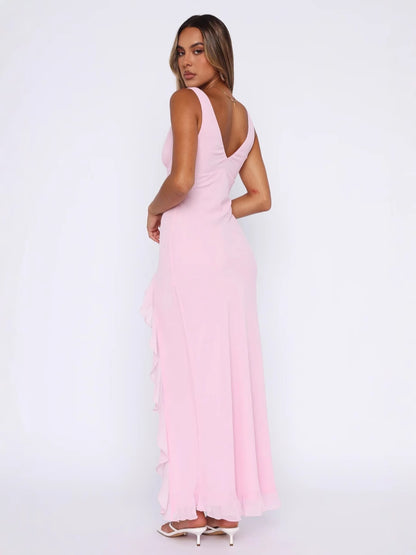 Sexy Lace V-Neck Ruffled Backless Dress