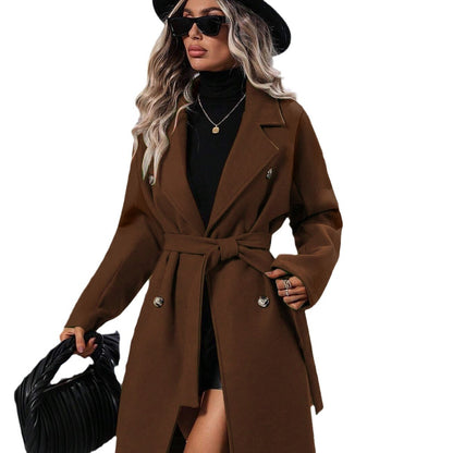 Women's Woolen Double-Breasted Long Coat