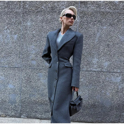 Women's Elegant Lapel Long Woolen Coat