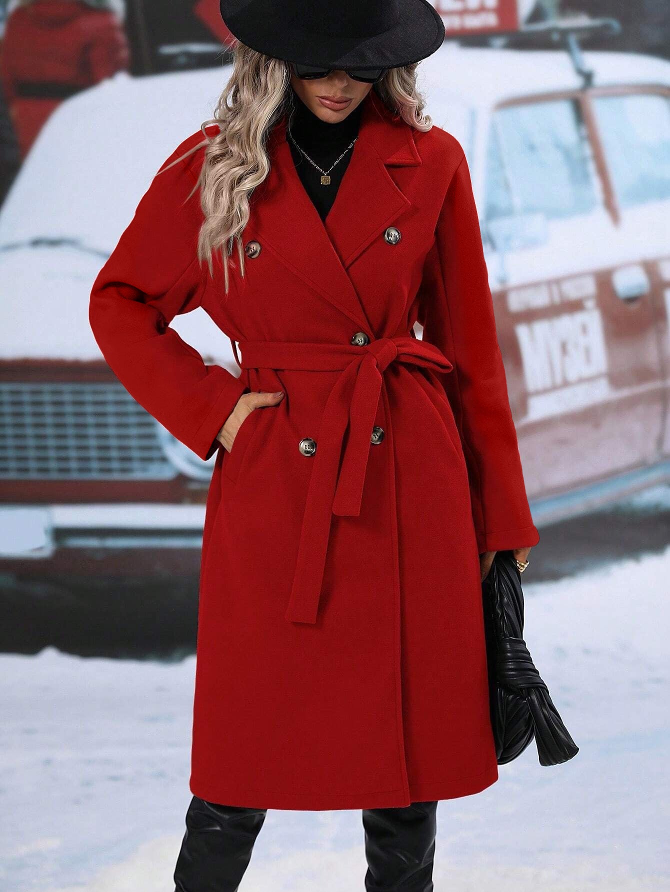 Women's Woolen Double-Breasted Long Coat