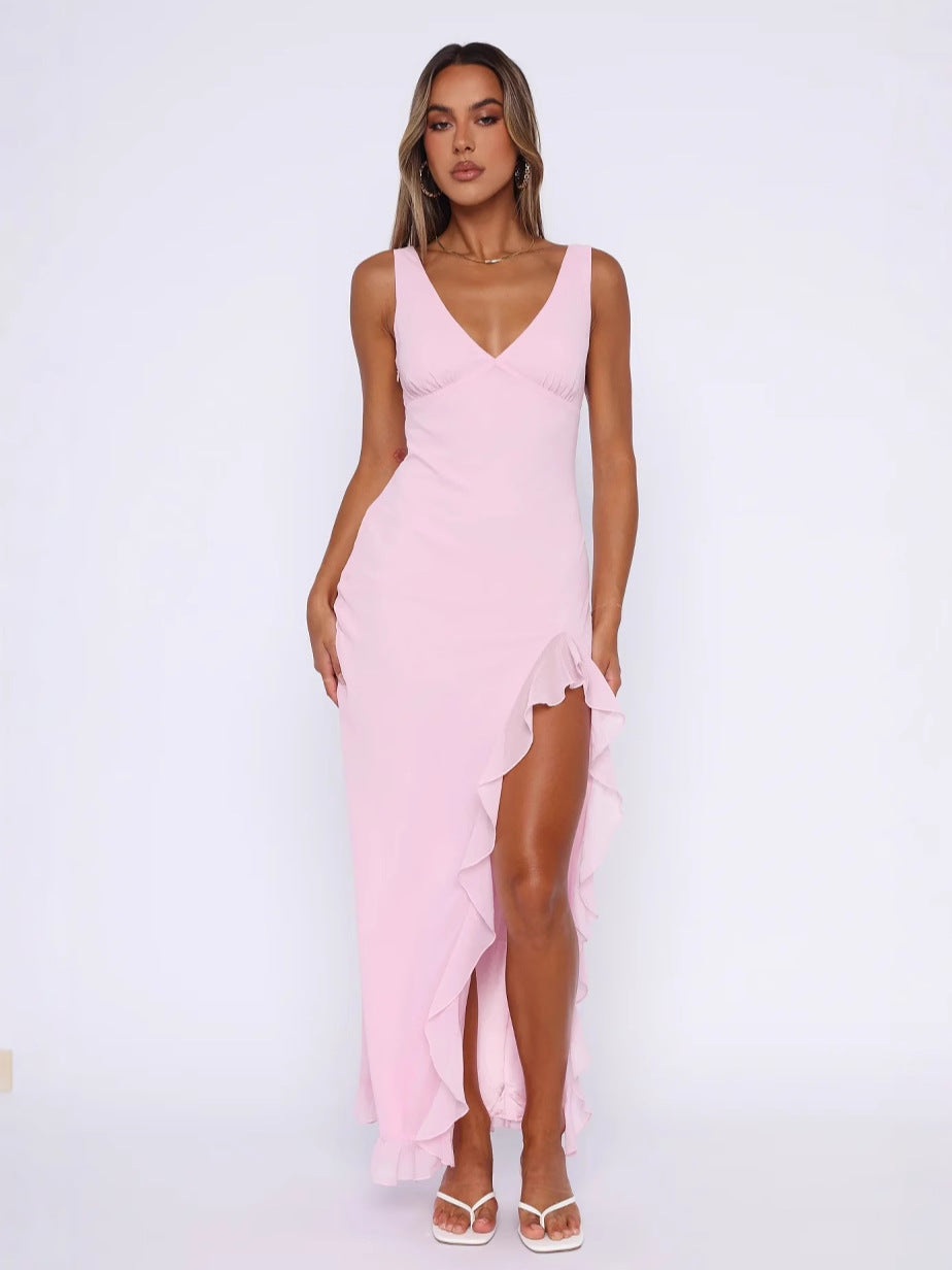 Sexy Lace V-Neck Ruffled Backless Dress