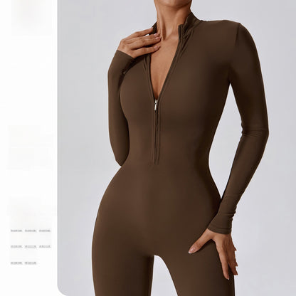 Zipper Naked Long-sleeved Yoga One-piece Suit