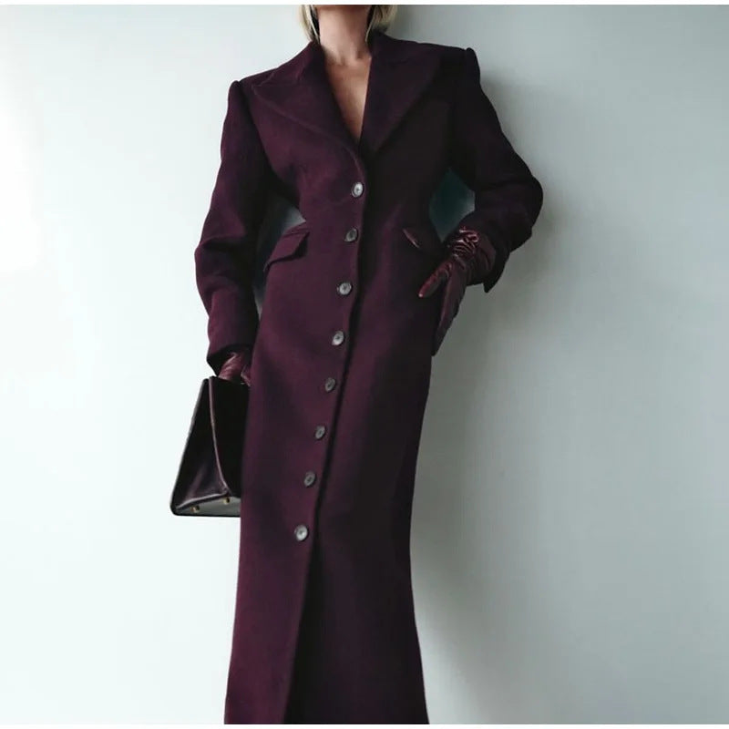 Women's Elegant Lapel Long Woolen Coat