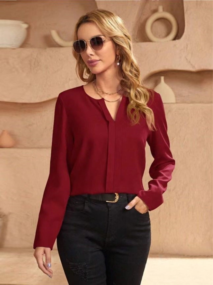 Women's Satin V-Neck Long Sleeve Shirt
