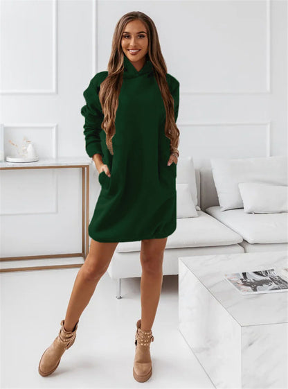 Hooded Long Sleeve Solid Color Dress