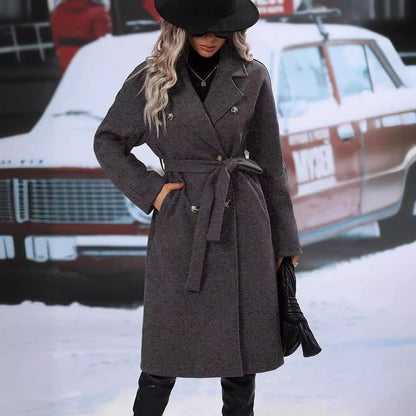 Women's Woolen Double-Breasted Long Coat