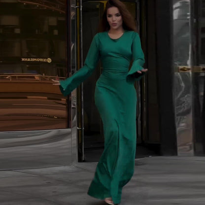 Women's Elegant Round Neck Long Sleeve Waist-Tied Dress