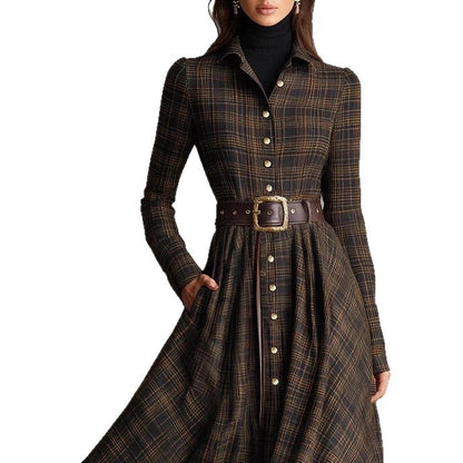 Printed lapel elastic waist dress