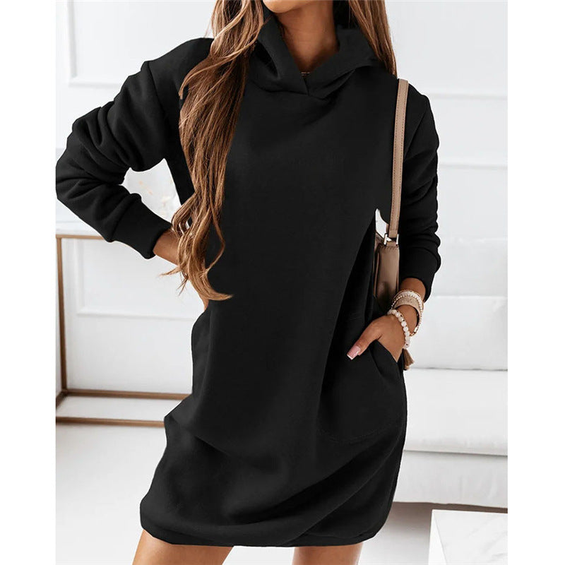 Hooded Long Sleeve Solid Color Dress