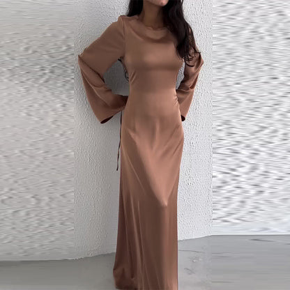 Women's Elegant Round Neck Long Sleeve Waist-Tied Dress