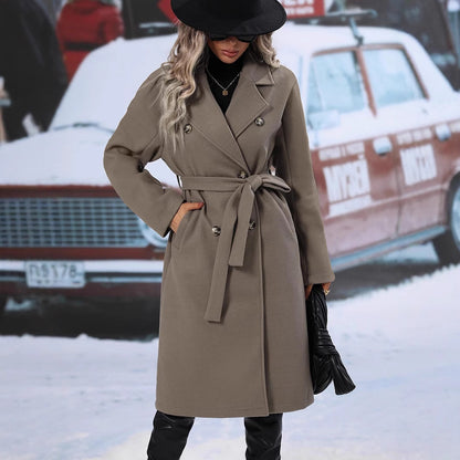 Women's Woolen Double-Breasted Long Coat