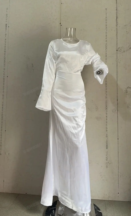 Women's Elegant Round Neck Long Sleeve Waist-Tied Dress