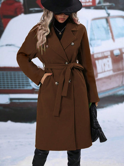 Women's Woolen Double-Breasted Long Coat