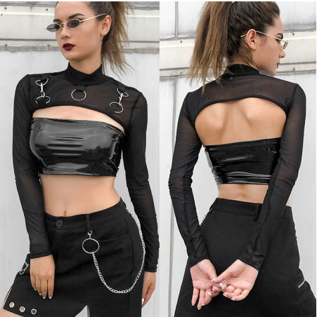 Mesh See-Through Long-Sleeve Slim Fit Top