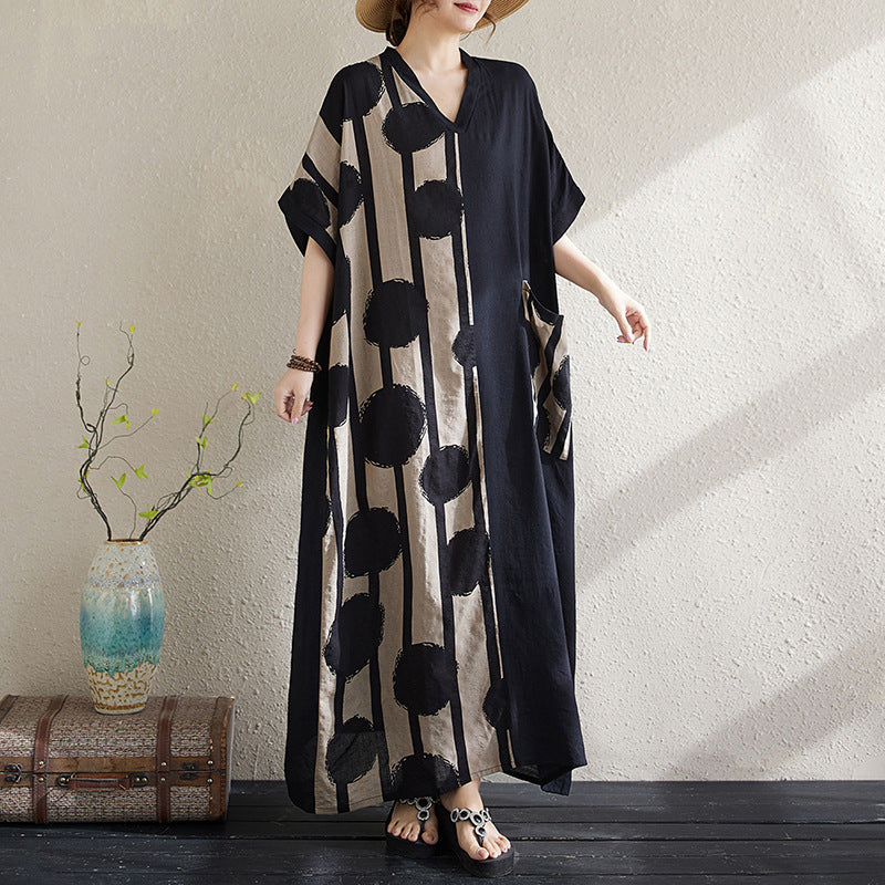 Women's Cotton Linen V-Neck Long Dress