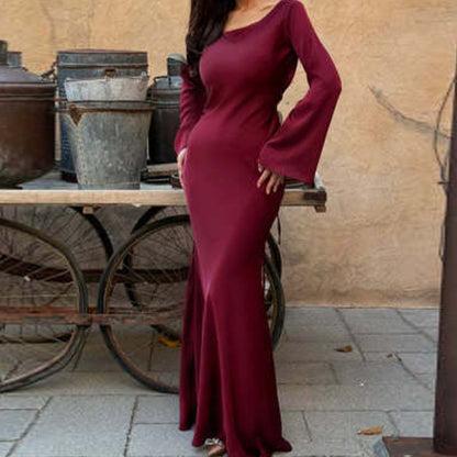 Women's Elegant Round Neck Long Sleeve Waist-Tied Dress