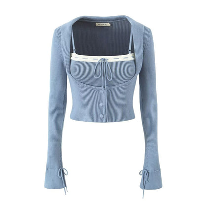 Women's Knit Camisole Long-Sleeve Top and Pleated Skirt Set