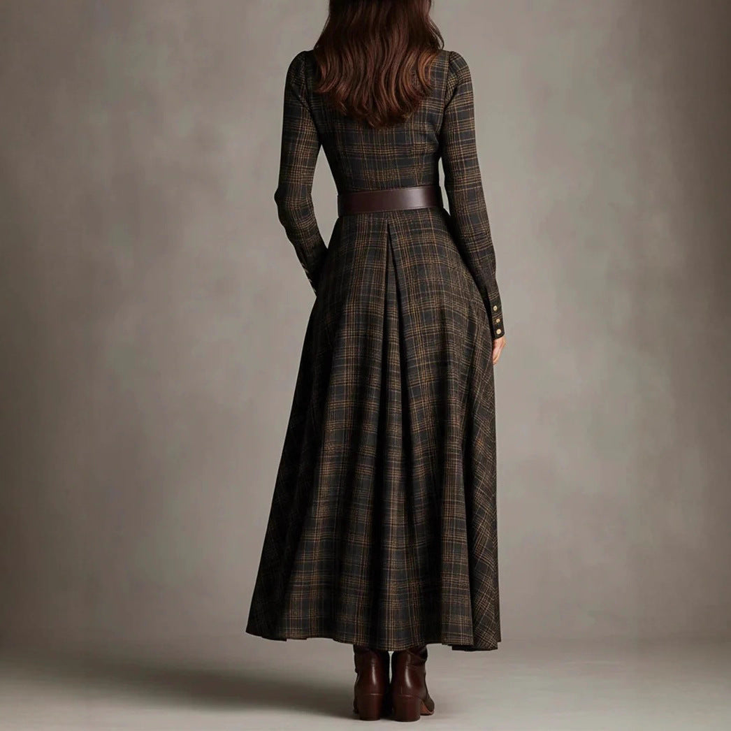 Printed lapel elastic waist dress