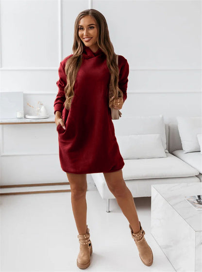 Hooded Long Sleeve Solid Color Dress