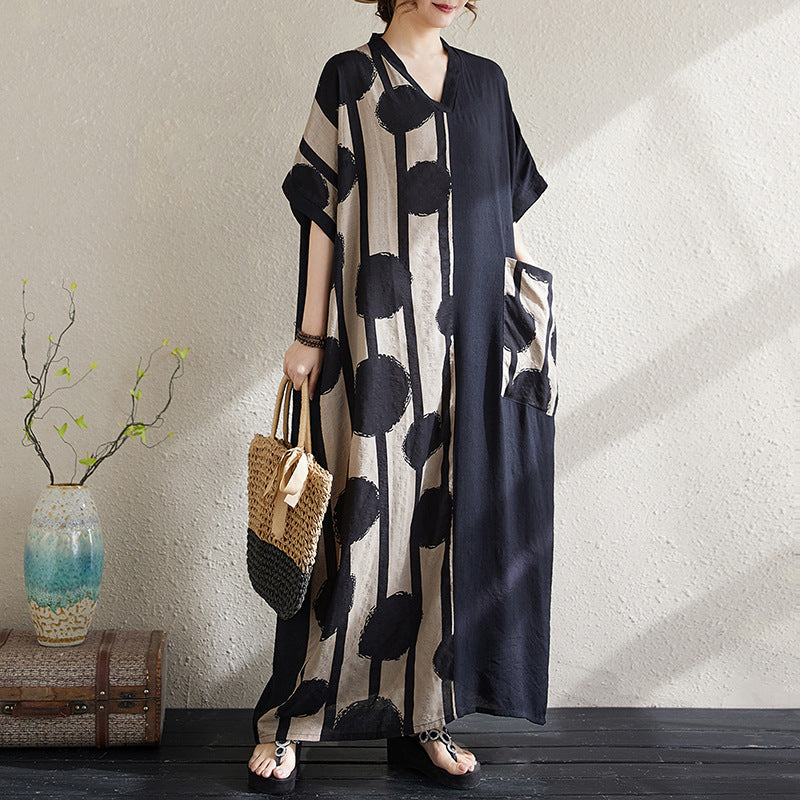 Women's Cotton Linen V-Neck Long Dress