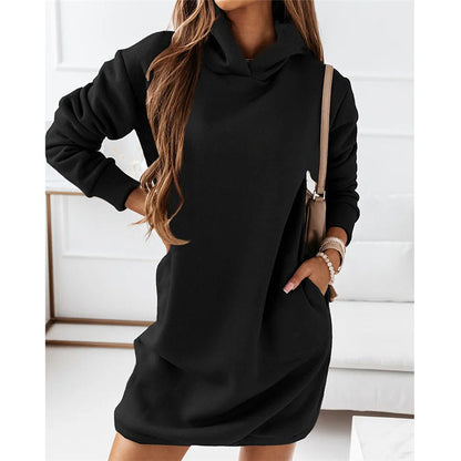 Hooded Long Sleeve Solid Color Dress