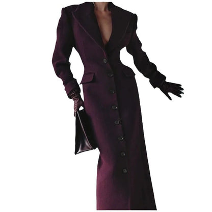 Women's Elegant Lapel Long Woolen Coat
