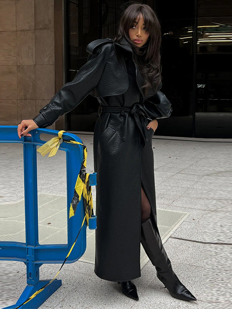 Long textured leather windbreaker