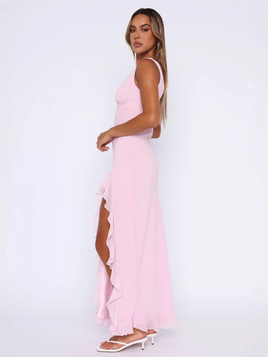 Sexy Lace V-Neck Ruffled Backless Dress