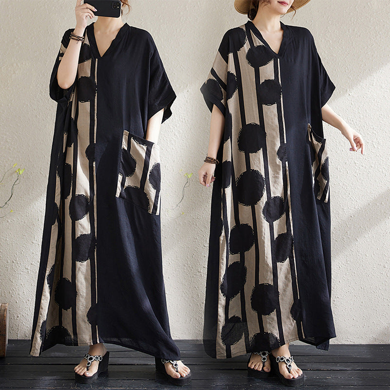 Women's Cotton Linen V-Neck Long Dress