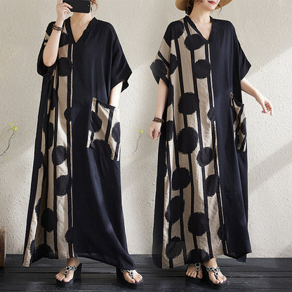 Women's Cotton Linen V-Neck Long Dress