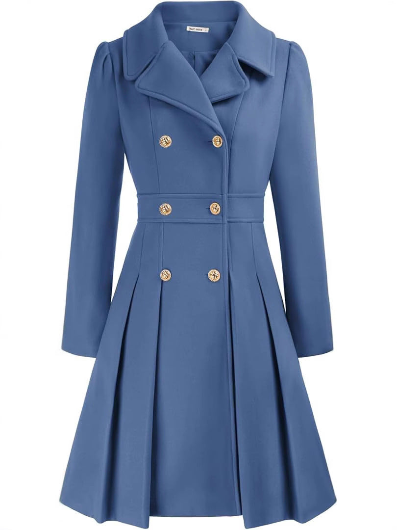 Notch Lapel Double-Breasted Thick A-Shaped Pea Coat With Flap Pocket Pantss And Lining