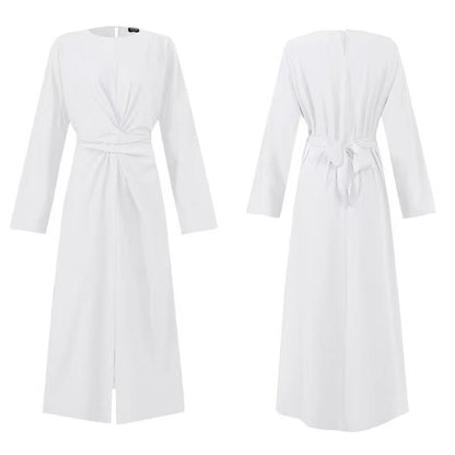 Ladies Solid Color Round Neck Long Sleeve Slit Lace Casual Long Dress