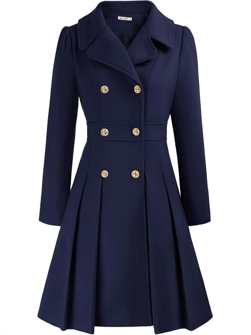 Notch Lapel Double-Breasted Thick A-Shaped Pea Coat With Flap Pocket Pantss And Lining