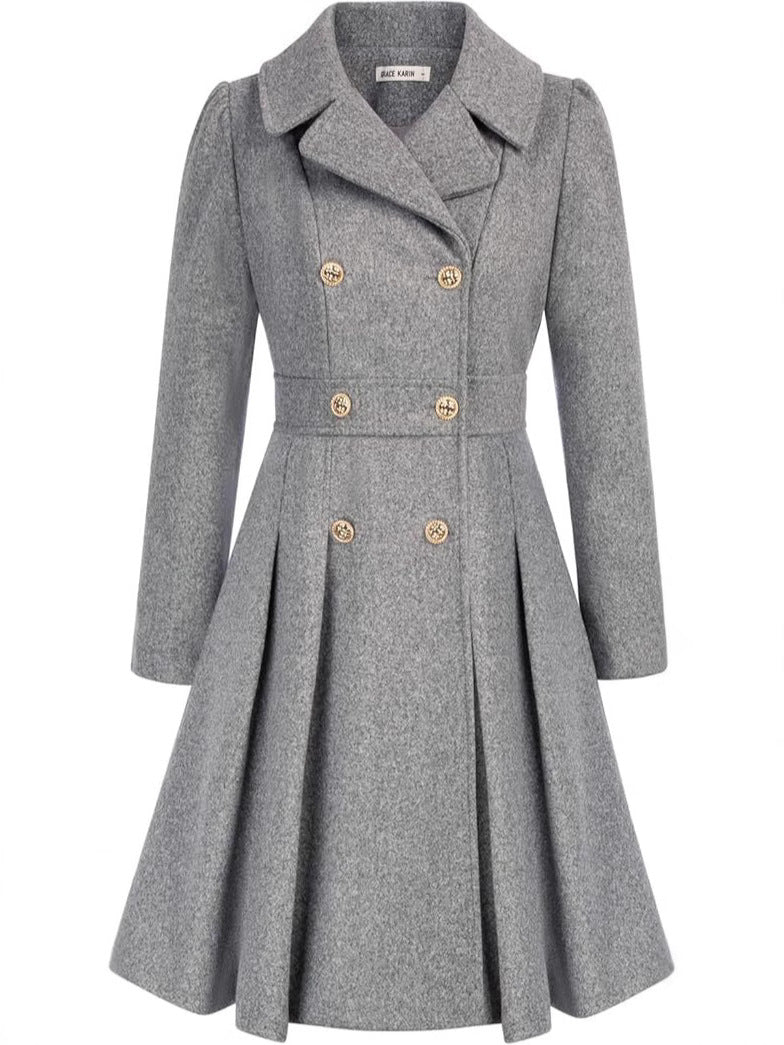 Notch Lapel Double-Breasted Thick A-Shaped Pea Coat With Flap Pocket Pantss And Lining