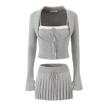 Women's Knit Camisole Long-Sleeve Top and Pleated Skirt Set