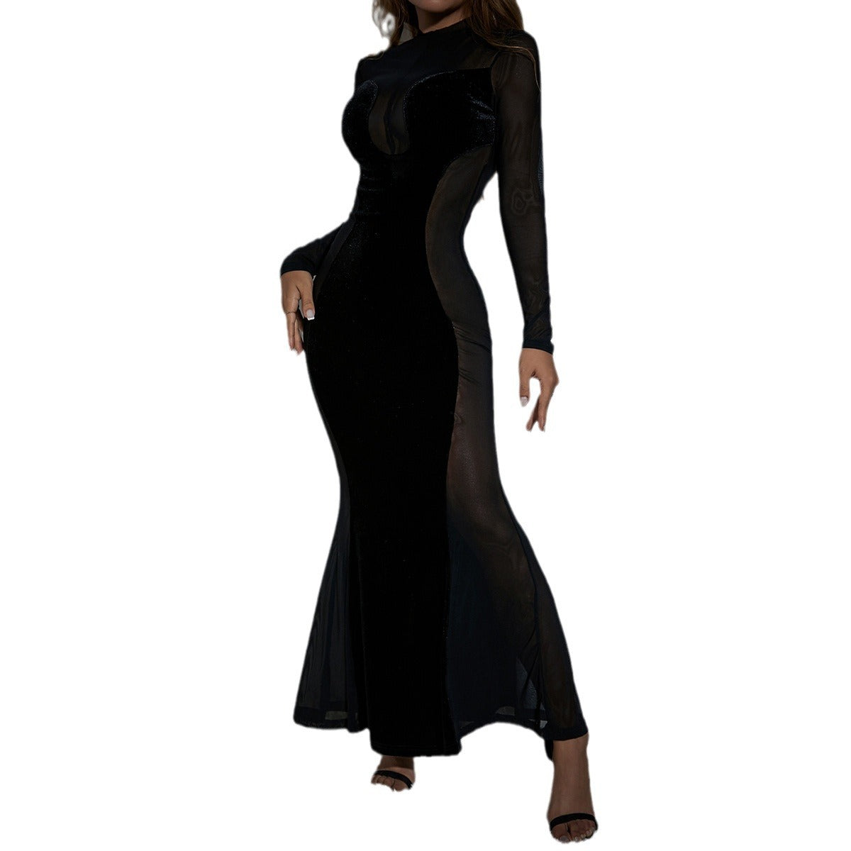 Women's Long-Sleeved Mesh Splicing Slim Dress