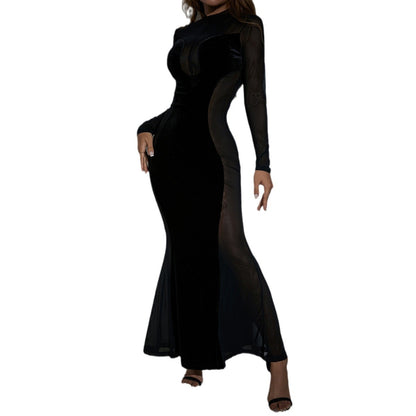 Women's Long-Sleeved Mesh Splicing Slim Dress